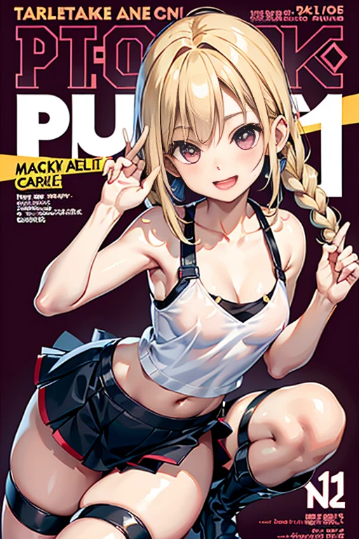 (small breasts:1.2), (perky chest:1.2), (pointed chest:1.2), (Pudding cake magazine cover:1.3),(from above:1.0),(shoot from the side:1.1),masterpiece, 1girl, Amazing Cleavage:1.1, thin waist, optimum,tmasterpiece,hight resolution,best qualtiy,hyper HD,super detailing,awardwinning,a 18yo cute girl,(The upper part of the body),anatomy correct,Beautiful Black miniskirt,garters,Gaze,Small face,bangss,holster,Beautuful Women,hands up,leg holster,Gaze,black boots,Cowboy Shot,cute face,a blond,Longhaire,Twin-tailed,Braids, Hairline,(scarlet eyes),long eyelasher,Hanging eye corners,White skin of the, ((see through camisole:1.1)), ((Sheer nipples:1.0)),Rocket Tits,(Slim body),smile,seductive weak smiling,(with sparkling eyes and a contagious smile),little open mouth, Looking at Viewer,