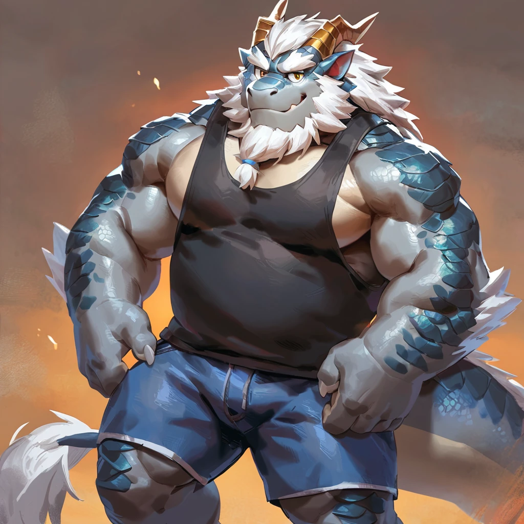 (artist: noku13456, jacketbear, dangpa, null-ghost, lindong, takahirosit),male, sfw, eastern dragon, , bara, big chest, simple bg, one fluffy tail, old man, fluffy mane, , grey body, white hair, solo, scales, detailed scales, tank top, jeans shorts, dragon horns, yellow iris, big eyes, white beard, fluffy hair, detailed face:2.0, one tail, masterpiece:2.0, perfect eyes:2.0, good anatomy:2.0