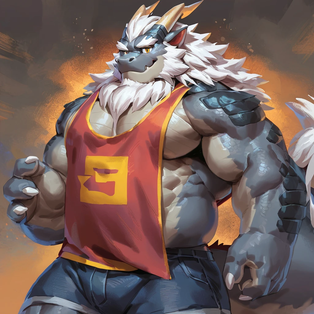 (artist: noku13456, jacketbear, dangpa, null-ghost, lindong, takahirosit),male, sfw, eastern dragon, , bara, big chest, simple bg, one fluffy tail, old man, fluffy mane, , grey body, white hair, solo, scales, detailed scales, tank top, jeans shorts, dragon horns, yellow iris, big eyes, white beard, fluffy hair, detailed face:2.0, one tail, masterpiece:2.0, perfect eyes:2.0, good anatomy:2.0