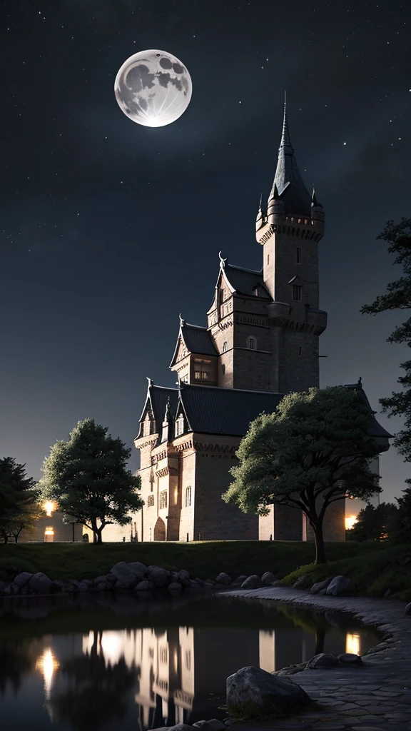 A traditional Japanese castle with multi-tiered roofs and white walls is illuminated against a dark night sky. The castle is beautifully reflected in a still body of water in front of it, creating a perfect mirror image. The crescent moon hangs in the sky to the left of the castle and is also reflected in the water. The castle is surrounded by a stone foundation, and the surrounding trees are partially visible in the background. The overall scene has a serene and mystical atmosphere, enhanced by the contrast between the illuminated castle and the dark surroundings.