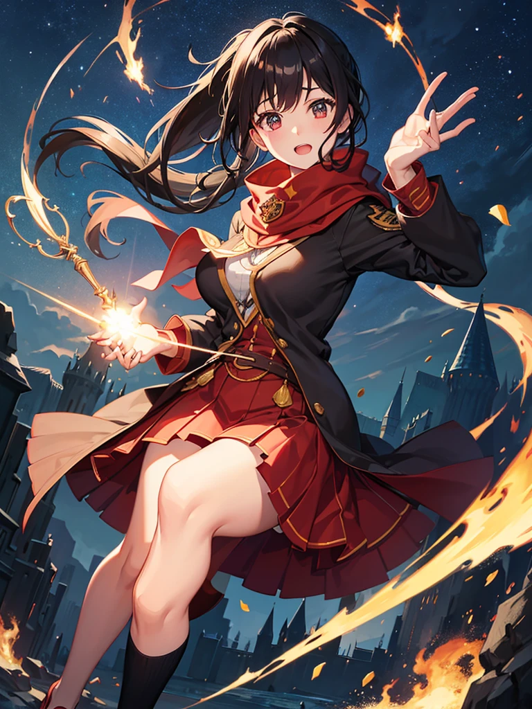 Himecut, large breast, Hogwarts, amputee, mechanical, Hogwarts school clothes, griffindor, magic wand, harry Potter, scarfs griffindor, black hair, long ponytail