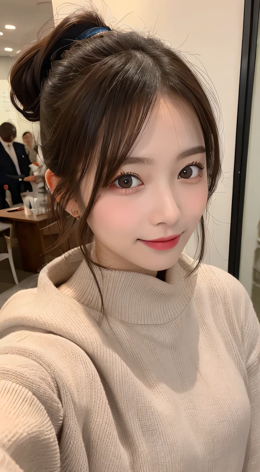 Tabletop, Highest quality, shape, Very detailed, finely, High resolution, 8k wallpaper, Perfect dynamic composition, Finely beautiful eyes, Elegant and gorgeous winter clothes,ponytail,Small breasts Natural color Lips, Bold sexy pose,smile,harajuku、20-year-old girl、cute、sexy shot looking at camera、 (Get closer to the face, Make your face bigger, Face Focus:1.0), BREAK, (masterpiece, Highest quality, Very detailed, Detailed face, 8K)