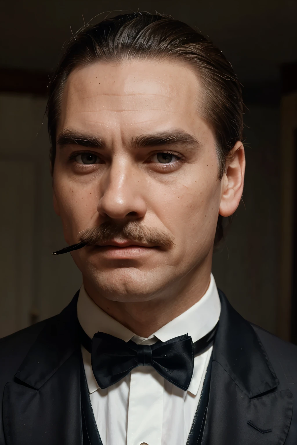 Scottish grandfather slicked back, with bushy eyebrows, amber eyes, with freckles on the cheeks, with mustache and elegant dress in Victorian times 