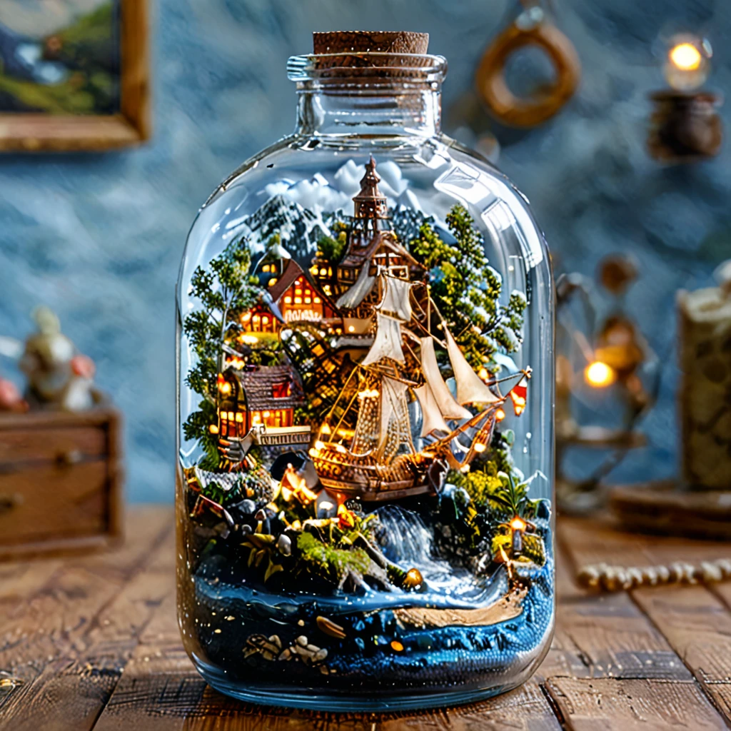 (masterpiece, top quality, best quality),(ultra-detailed, absolutely resolution),((16k, high res)), tilt-shift photography,(masterpiece, top quality, best quality),(ultra-detailed, absolutely resolution),((16k, high res)). (miniature in a glass bottle), (organic, glass-heavy home)), BREAK {(((cinematic look))), soothing tones, insane details, intricate details, hyperdetailed, low contrast, exposure blend, hdr, beautiful blue image, (hi contrast),Sony SLR.}