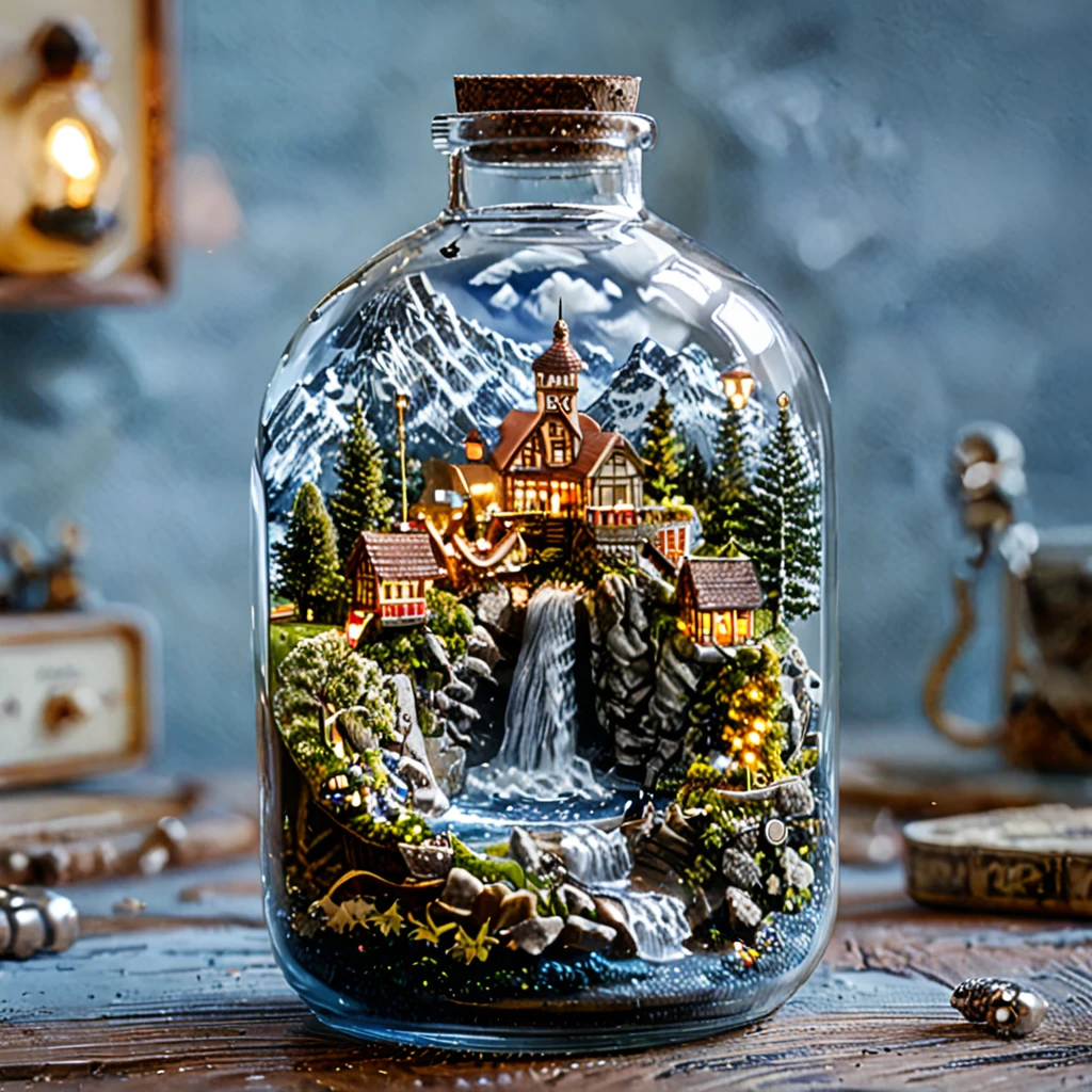 (masterpiece, top quality, best quality),(ultra-detailed, absolutely resolution),((16k, high res)), tilt-shift photography,(masterpiece, top quality, best quality),(ultra-detailed, absolutely resolution),((16k, high res)). (miniature in a glass bottle), (organic, glass-heavy home)), BREAK {(((cinematic look))), soothing tones, insane details, intricate details, hyperdetailed, low contrast, exposure blend, hdr, beautiful blue image, (hi contrast),Sony SLR.}