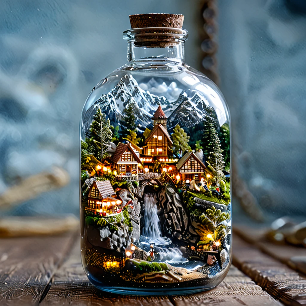 (masterpiece, top quality, best quality),(ultra-detailed, absolutely resolution),((16k, high res)), tilt-shift photography,(masterpiece, top quality, best quality),(ultra-detailed, absolutely resolution),((16k, high res)). (miniature in a glass bottle), (organic, glass-heavy home)), BREAK {(((cinematic look))), soothing tones, insane details, intricate details, hyperdetailed, low contrast, exposure blend, hdr, beautiful blue image, (hi contrast),Sony SLR.}