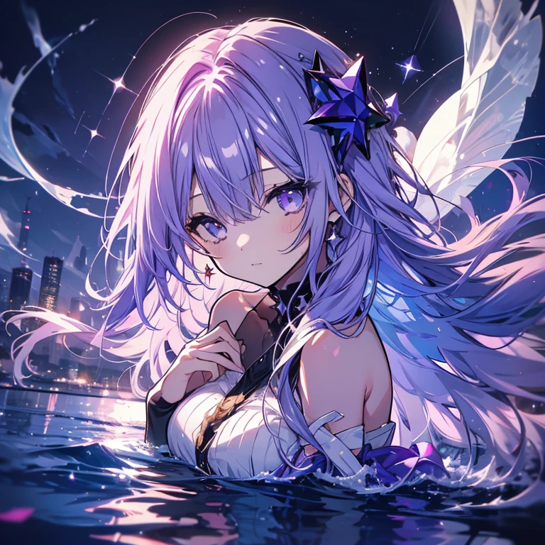 1 girl、Mature、Ample breasts、Purple Hair、Long Hair、Sharp Eyes、midnight、Floating on the lake、Lying on your back、Hair spreading on the water surface、Close ~ eyes、Put your hands together in front of your chest、moonlight shines in、dress、Sleeping、In the water、Stray Hair、Sparkling water surface、Star dust、jellyfish、Bust-up perspective、High resolution、Highest quality