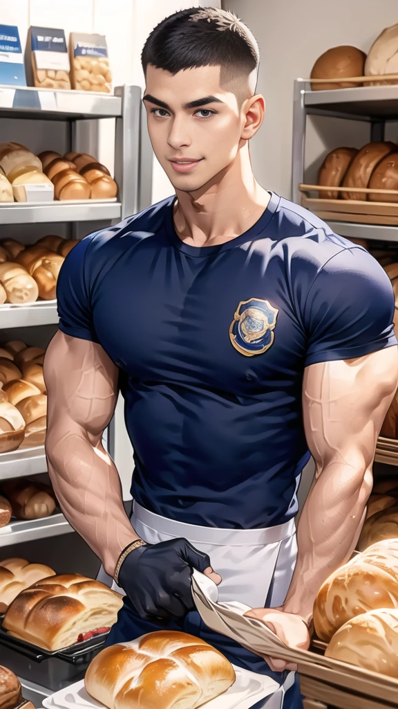 (handsome Man sitting on table eating bread ),(crew cut short hair:1.8),black eye,(Wear a fitted round neck t-shirt in navy with a police badge.:1.5),(fit neck),Navy blue jeans,(black_gloves:1.2), Korean guy,chest muscles,large arm muscles,blood vessel,Big muscles,Broad shoulders, (open mouth:1.2),(face up:1.2),(open eyes:1.5), middle of the road,smile, In the bread shop, 