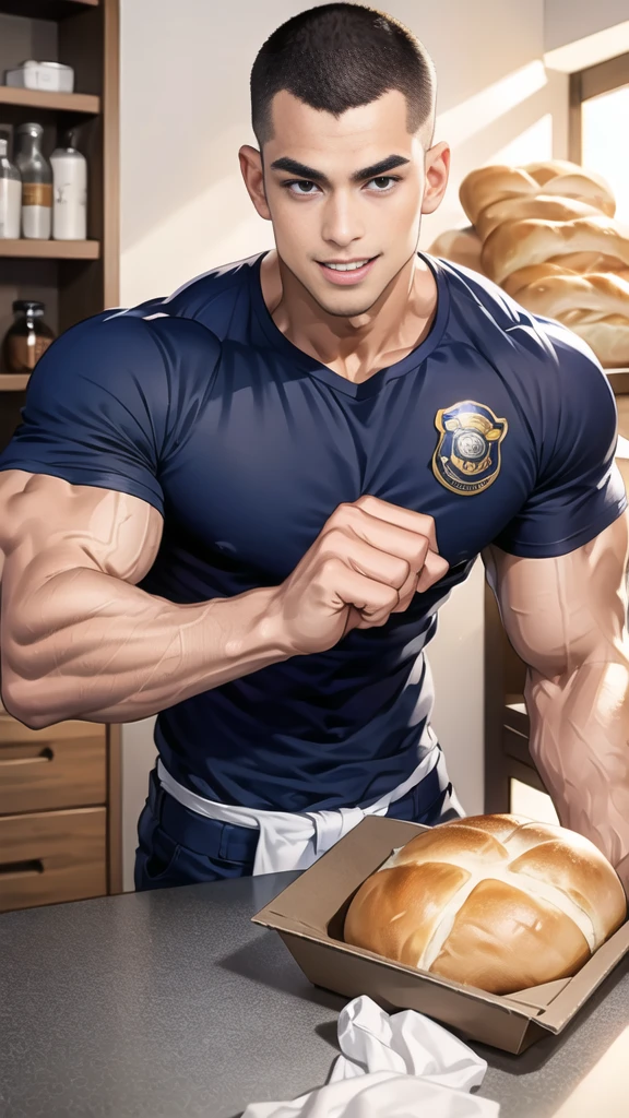 (handsome Man sitting on table eating bread ),(crew cut short hair:1.8),black eye,(Wear a fitted round neck t-shirt in navy with a police badge.:1.5),(fit neck),Navy blue jeans,(black_gloves:1.2), Korean guy,chest muscles,large arm muscles,blood vessel,Big muscles,Broad shoulders, (open mouth:1.2),(face up:1.2),(open eyes:1.5), middle of the road,smile, In the bread shop, 