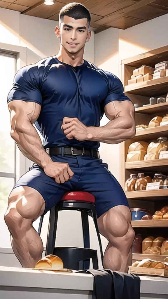 (NSFW: 1.5), (handsome Man sitting on table eating bread ),(crew cut short hair:1.8),black eye,(Wear a fitted round neck t-shirt in navy with a police badge.:1.5),(fit neck),Navy blue jeans,(black_gloves:1.2), Korean guy,chest muscles,large arm muscles,blood vessel,Big muscles,Broad shoulders, (open mouth:1.2),(face up:1.2),(close eyes:1.5), middle of the road,smile, In the bread shop, ( Cum:1.8), (genital very long: 1.6), genital very Big, (Big testicles), (Erection of the penis: 1.6), ((very big, very long penis)), masturbate, hold your hand on your penis, (semen) , Cum in bread