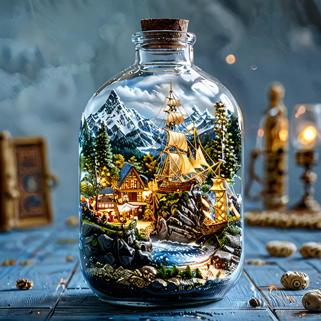 (masterpiece, top quality, best quality),(ultra-detailed, absolutely resolution),((16k, high res)), tilt-shift photography,(masterpiece, top quality, best quality),(ultra-detailed, absolutely resolution),((16k, high res)). (miniature in a glass bottle), (organic, glass-heavy home)), BREAK {(((cinematic look))), soothing tones, insane details, intricate details, hyperdetailed, low contrast, exposure blend, hdr, beautiful blue image, (hi contrast),Sony SLR.}