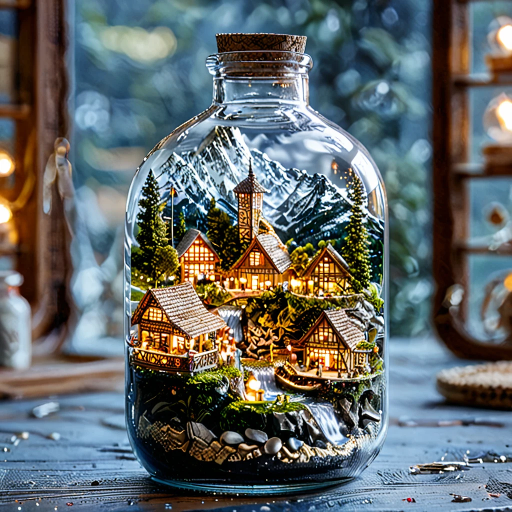 (masterpiece, top quality, best quality),(ultra-detailed, absolutely resolution),((16k, high res)), tilt-shift photography,(masterpiece, top quality, best quality),(ultra-detailed, absolutely resolution),((16k, high res)). (miniature in a glass bottle), (organic, glass-heavy home)), BREAK {(((cinematic look))), soothing tones, insane details, intricate details, hyperdetailed, low contrast, exposure blend, hdr, beautiful blue image, (hi contrast),Sony SLR.}