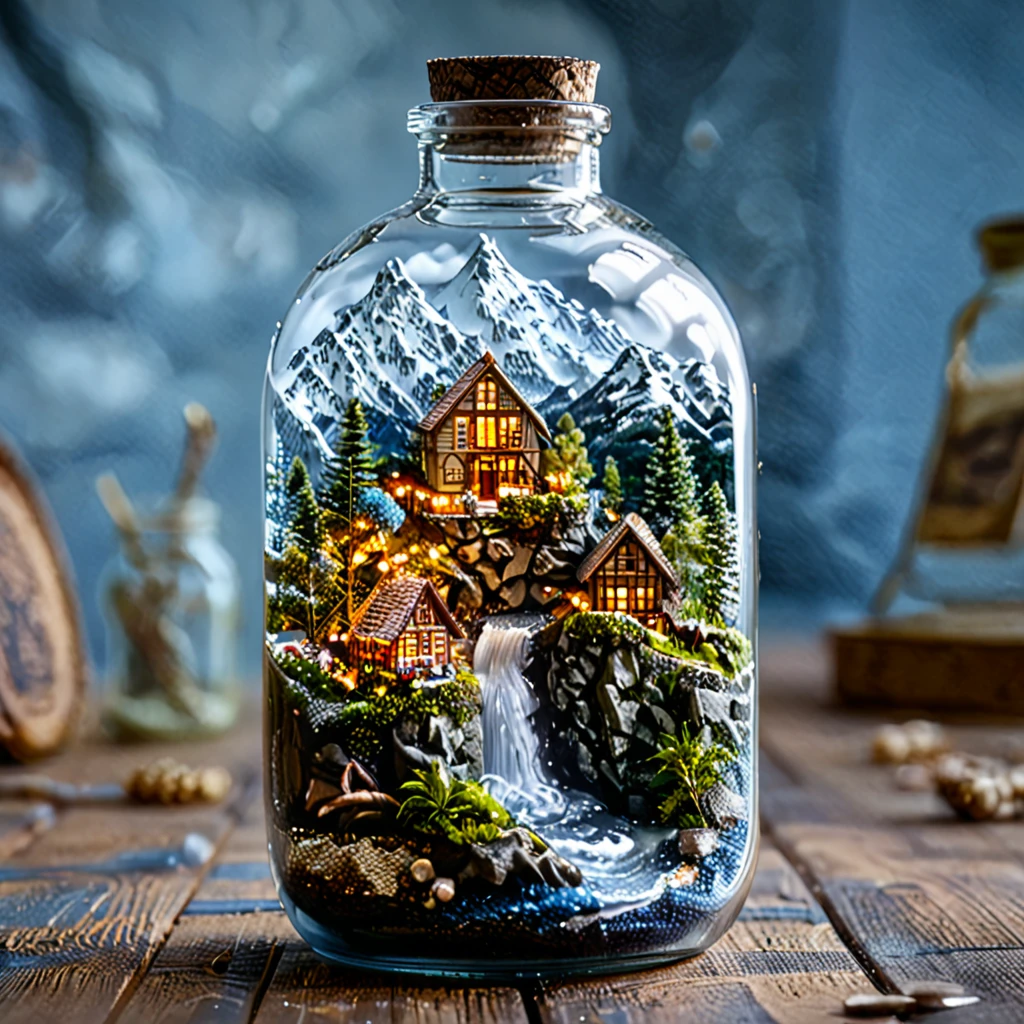(masterpiece, top quality, best quality),(ultra-detailed, absolutely resolution),((16k, high res)), tilt-shift photography,(masterpiece, top quality, best quality),(ultra-detailed, absolutely resolution),((16k, high res)). (miniature in a glass bottle), (organic, glass-heavy home)), BREAK {(((cinematic look))), soothing tones, insane details, intricate details, hyperdetailed, low contrast, exposure blend, hdr, beautiful blue image, (hi contrast),Sony SLR.}
