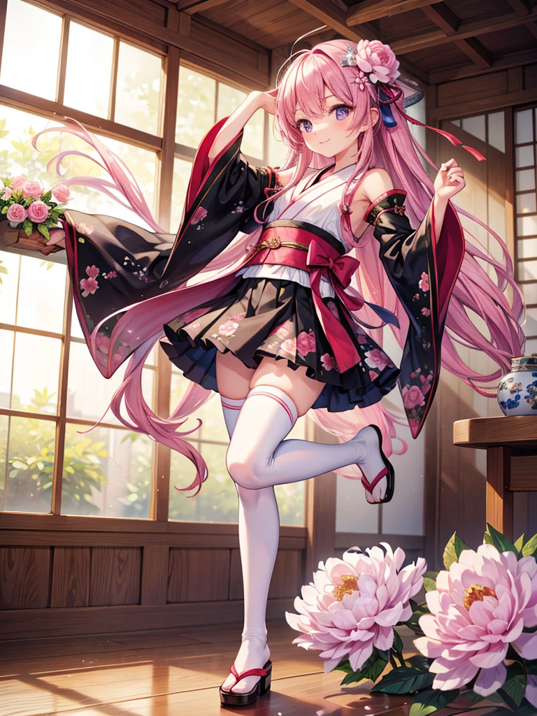 Pixai, complex details, high resolution, highest quality, high resolution,
Dynamic pose,
Indoors,
Smile,
(Bends forward with your hands on your toes),
(Put your hands on your hair: 1.2),
Break,
Long hair,
Peony hair,
Black eye,
(Small chest: 1.1),
Frills, Japanese clothes, hair flowers, wide sleeves, kimonos, white knee socks, zettai ryouiki, floral prints, skirts, removable sleeves