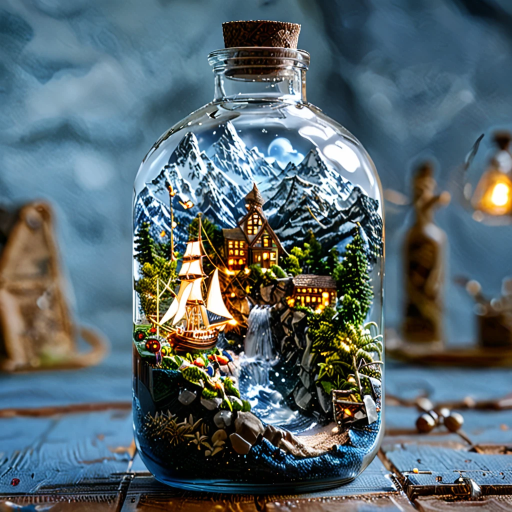 (masterpiece, top quality, best quality),(ultra-detailed, absolutely resolution),((16k, high res)), tilt-shift photography,(masterpiece, top quality, best quality),(ultra-detailed, absolutely resolution),((16k, high res)). (miniature in a glass bottle), (organic, glass-heavy home)), BREAK {(((cinematic look))), soothing tones, insane details, intricate details, hyperdetailed, low contrast, exposure blend, hdr, beautiful blue image, (hi contrast),Sony SLR.}