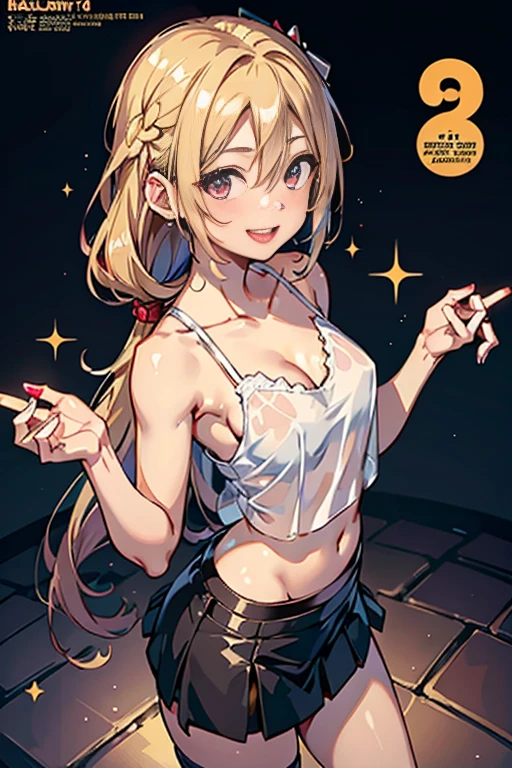 (small breasts:1.2), (perky chest:1.2), (pointed chest:1.2), (Pudding cake magazine cover:1.3),(from above:1.0),(shoot from the side:1.1),masterpiece, 1girl, Amazing Cleavage:1.1, thin waist, optimum,tmasterpiece,hight resolution,best qualtiy,hyper HD,super detailing,awardwinning,a 18yo cute girl,(The upper part of the body),anatomy correct,Beautiful Black miniskirt,garters,Gaze,Small face,bangss,holster,Beautuful Women,hands up,leg holster,Gaze,black boots,Cowboy Shot,cute face,a blond,Longhaire,Twin-tailed,Braids, Hairline,(scarlet eyes),long eyelasher,Hanging eye corners,White skin of the, ((see through camisole:1.1)), ((Sheer nipples:1.0)),Rocket Tits,(Slim body),smile,seductive weak smiling,(with sparkling eyes and a contagious smile),little open mouth, Looking at Viewer,
