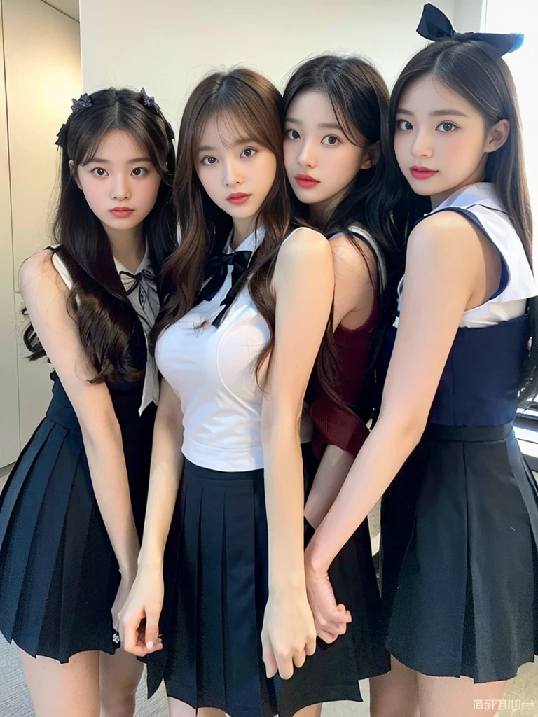 (A super cute Korean gal high school girl takes a photo with three close friends from her class..2)(LOL:1.2)(Beautiful Sweat:1.1)(16K, RAW Photos, Highest quality, masterpiece: 1.2),(Mr.々Beautiful blonde with a stylish hairstyle:1.2) Super detailed, Super Resolution, (Genuine, Genuine photos: 1.37), Portraiture, High-resolution RAW color photos, Professional photos, Very detailed, 8k wallpaper, Very detailed CG Unity 8k wallpaper, Very detailed beautiful girls, Very detailed faces, ((whole body)), beautiful woman, Huge breasts,(huge boobs:1.1) (Big Boobs:1.1), Beauty college student (A tight, girly, navy sleeveless school uniform with ribbon.),high school girl, Korean Girls,(K-POP Female Idols), (Idol-class beauty)(Beautiful high school girl:1.1)(Inside the school building)(18-year-old)(Stylish school uniform-style outfit:1.1)(Group photo:1.3)