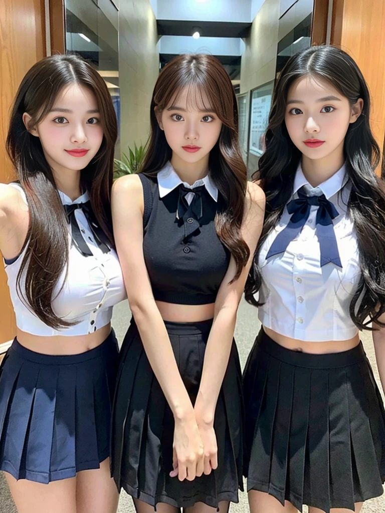 (A super cute Korean gal high school girl takes a photo with three close friends from her class..2)(LOL:1.2)(Beautiful Sweat:1.1)(16K, RAW Photos, Highest quality, masterpiece: 1.2),(Mr.々Beautiful blonde with a stylish hairstyle:1.2) Super detailed, Super Resolution, (Genuine, Genuine photos: 1.37), Portraiture, High-resolution RAW color photos, Professional photos, Very detailed, 8k wallpaper, Very detailed CG Unity 8k wallpaper, Very detailed beautiful girls, Very detailed faces, ((whole body)), beautiful woman, Huge breasts,(huge boobs:1.1) (Big Boobs:1.1), Beauty college student (A tight, girly, navy sleeveless school uniform with ribbon.),high school girl, Korean Girls,(K-POP Female Idols), (Idol-class beauty)(Beautiful high school girl:1.1)(Inside the school building)(18-year-old)(Stylish school uniform-style outfit:1.1)(Group photo:1.3)