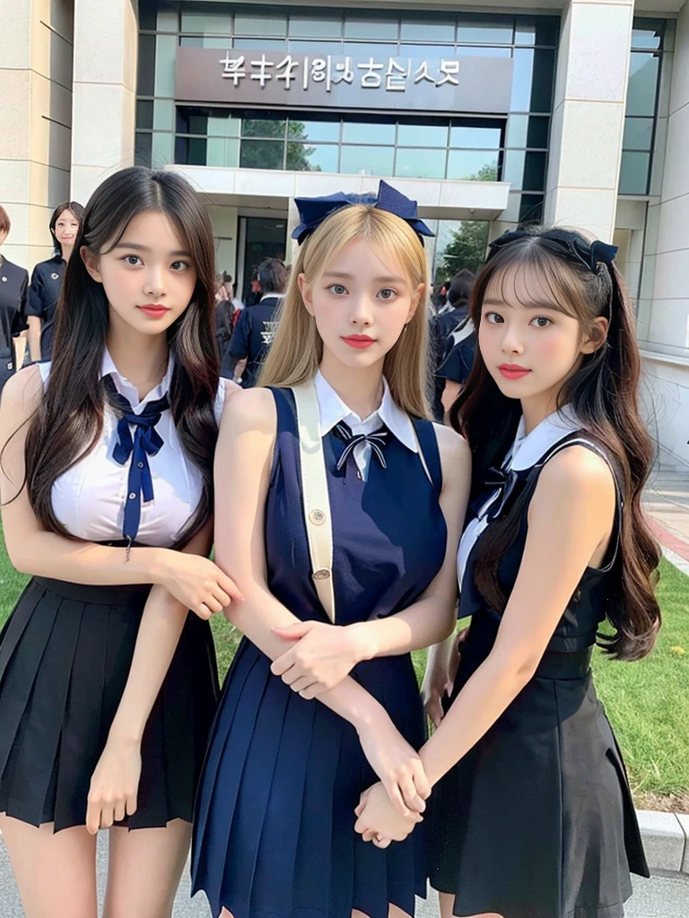 (A super cute Korean gal high school girl takes a photo with three close friends from her class..2)(LOL:1.2)(Beautiful Sweat:1.1)(16K, RAW Photos, Highest quality, masterpiece: 1.2),(Mr.々Beautiful blonde with a stylish hairstyle:1.2) Super detailed, Super Resolution, (Genuine, Genuine photos: 1.37), Portraiture, High-resolution RAW color photos, Professional photos, Very detailed, 8k wallpaper, Very detailed CG Unity 8k wallpaper, Very detailed beautiful girls, Very detailed faces, ((whole body)), beautiful woman, Huge breasts,(huge boobs:1.1) (Big Boobs:1.1), Beauty college student (A tight, girly, navy sleeveless school uniform with ribbon.),high school girl, Korean Girls,(K-POP Female Idols), (Idol-class beauty)(Beautiful high school girl:1.1)(Inside the school building)(18-year-old)(Stylish school uniform-style outfit:1.1)(Group photo:1.3)