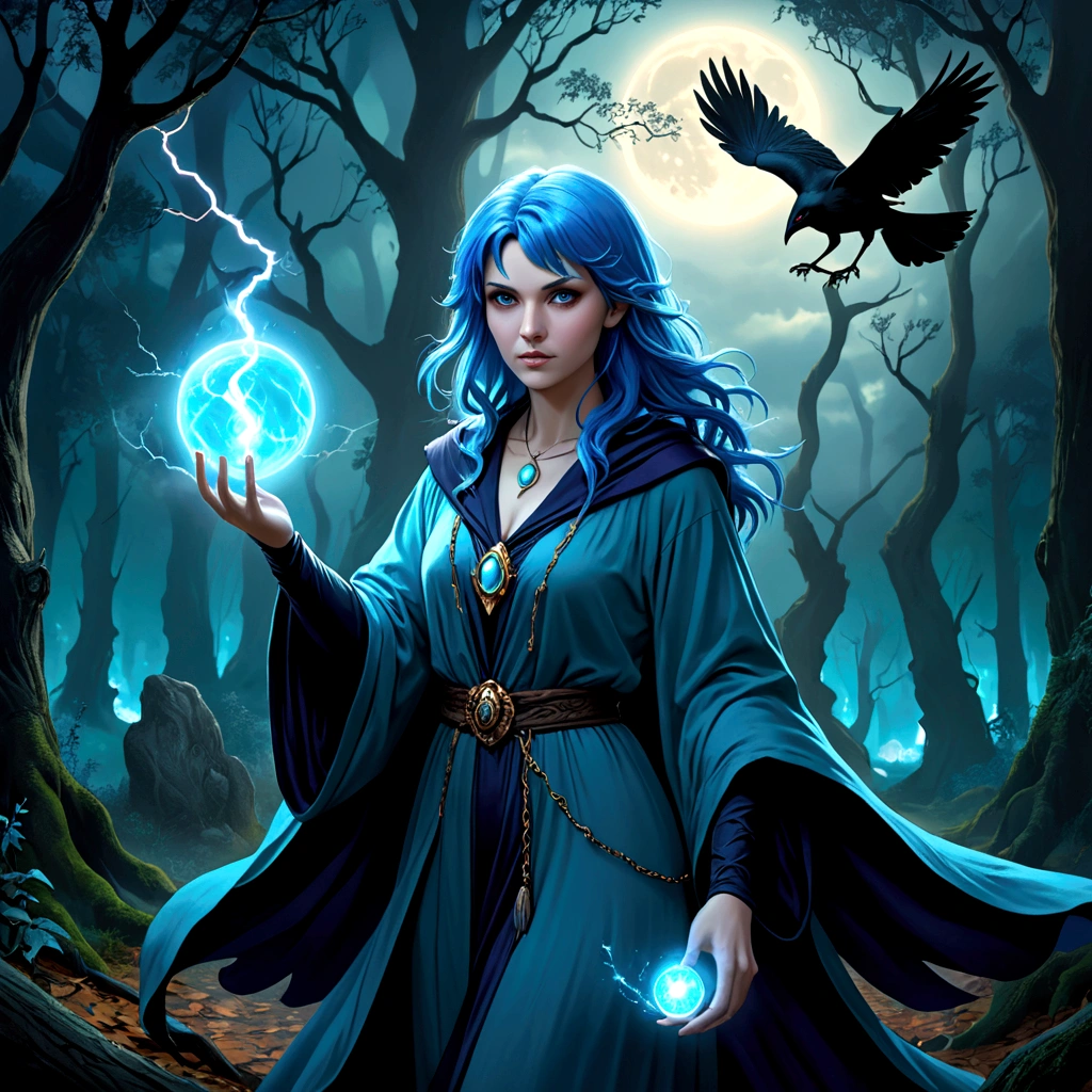 A powerful blue-haired witch casts an evil glowing spell in a mysterious forest. [(Best Quality, 4k, 8k, High Resolution, Masterpiece: 1.2), Ultra Detail, (Realistic, Photo-Realistic, Photo-Realistic: 1.37), Magical, Mysterious, Enchanting, Mystical: 1.15] (witch, wizard, sorceress, magician), (dark blue, deep) blue trees, (dense) fog, (eerie, ominous) atmosphere, glowing energy balls, ancient relics, sparks and lightning, magic auras, (sinister, dark) shadows, turquoise ethereal glow, mystical symbols, grandmother blue spells, flowing turquoise robes, (intense, powerful) gaze, aura of power and dark magic, starry sky, moonlight, spell chanting, forest spirits, enchanting spells and curses, crafted staff, crow familiarity)]