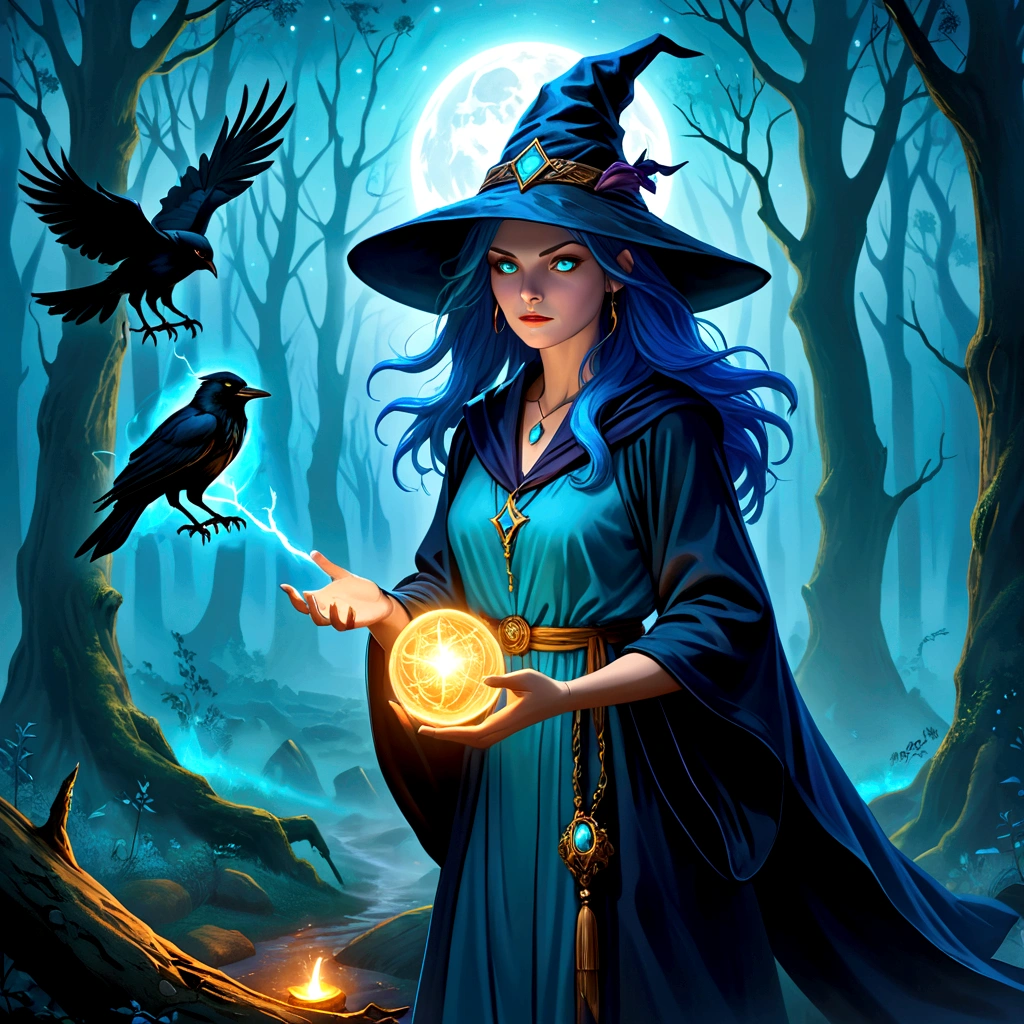 A powerful blue-haired witch casts an evil glowing spell in a mysterious forest. [(Best Quality, 4k, 8k, High Resolution, Masterpiece: 1.2), Ultra Detail, (Realistic, Photo-Realistic, Photo-Realistic: 1.37), Magical, Mysterious, Enchanting, Mystical: 1.15] (witch, wizard, sorceress, magician), (dark blue, deep) blue trees, (dense) fog, (eerie, ominous) atmosphere, glowing energy balls, ancient relics, sparks and lightning, magic auras, (sinister, dark) shadows, turquoise ethereal glow, mystical symbols, grandmother blue spells, flowing turquoise robes, (intense, powerful) gaze, aura of power and dark magic, starry sky, moonlight, spell chanting, forest spirits, enchanting spells and curses, crafted staff, crow familiarity)]