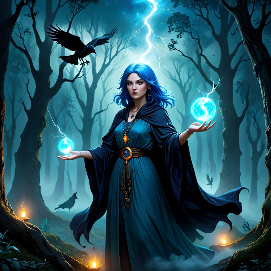 A powerful blue-haired witch casts an evil glowing spell in a mysterious forest. [(Best Quality, 4k, 8k, High Resolution, Masterpiece: 1.2), Ultra Detail, (Realistic, Photo-Realistic, Photo-Realistic: 1.37), Magical, Mysterious, Enchanting, Mystical: 1.15] (witch, wizard, sorceress, magician), (dark blue, deep) blue trees, (dense) fog, (eerie, ominous) atmosphere, glowing energy balls, ancient relics, sparks and lightning, magic auras, (sinister, dark) shadows, turquoise ethereal glow, mystical symbols, grandmother blue spells, flowing turquoise robes, (intense, powerful) gaze, aura of power and dark magic, starry sky, moonlight, spell chanting, forest spirits, enchanting spells and curses, crafted staff, crow familiarity)]
