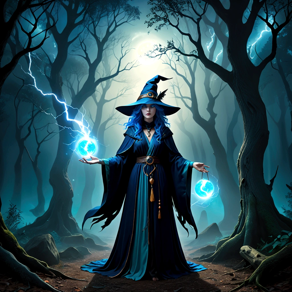 A powerful blue-haired witch casts an evil glowing spell in a mysterious forest. [(Best Quality, 4k, 8k, High Resolution, Masterpiece: 1.2), Ultra Detail, (Realistic, Photo-Realistic, Photo-Realistic: 1.37), Magical, Mysterious, Enchanting, Mystical: 1.15] (witch, wizard, sorceress, magician), (dark blue, deep) blue trees, (dense) fog, (eerie, ominous) atmosphere, glowing energy balls, ancient relics, sparks and lightning, magic auras, (sinister, dark) shadows, turquoise ethereal glow, mystical symbols, grandmother blue spells, flowing turquoise robes, (intense, powerful) gaze, aura of power and dark magic, starry sky, moonlight, spell chanting, forest spirits, enchanting spells and curses, crafted staff, crow familiarity)]