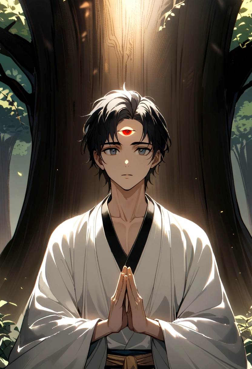 A handsome youth man with black hair and lapis lazuli eyes with a third eye located along the middle of his forehead, wearing an old white robe and meditating under a large Bodhi tree.