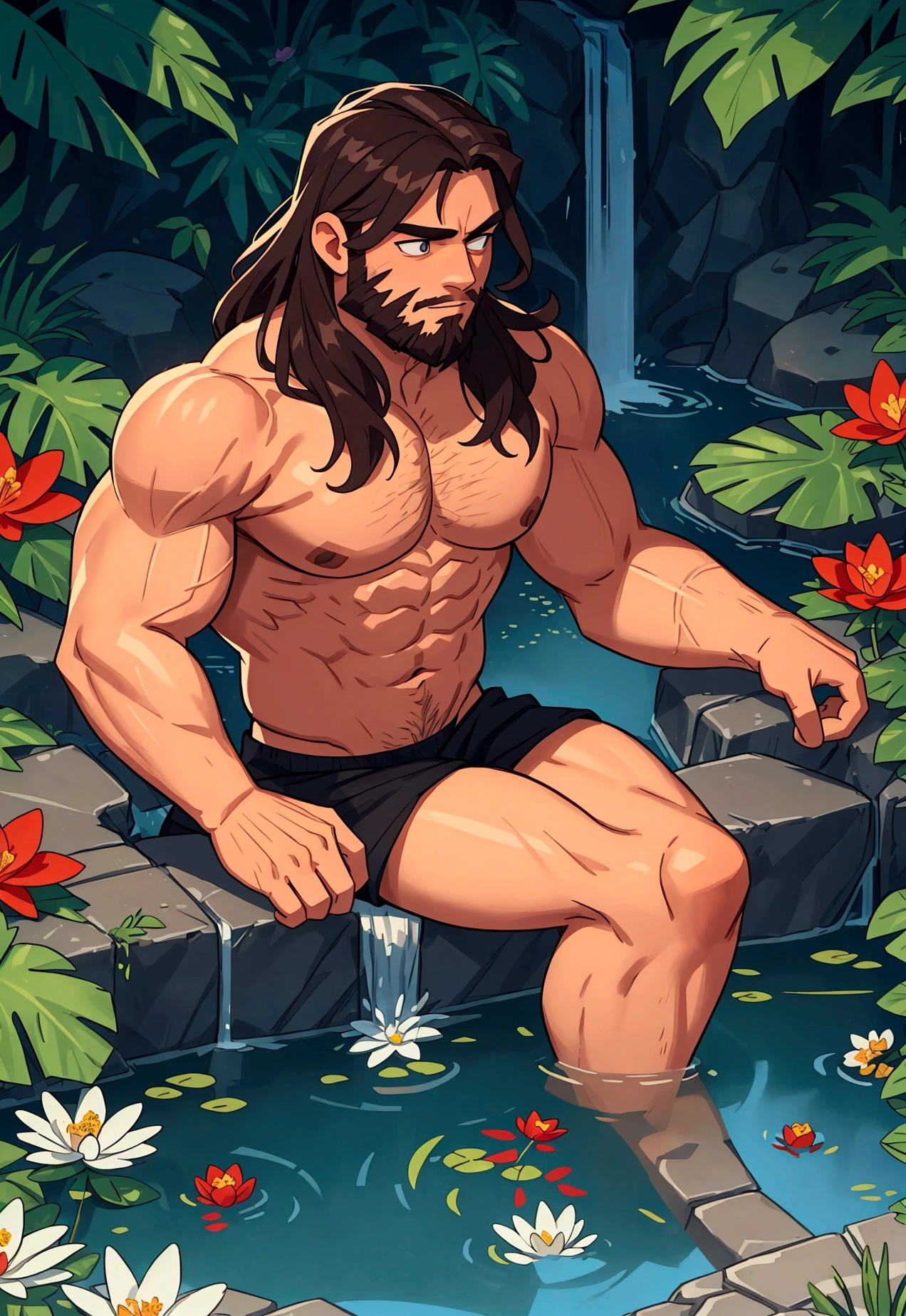 strong man, long hair, beard, shirtless, jock briefs, flowers, pond, strong, broad shoulders, hairy chest, lying in water, waterfall, biceps, big pecs,