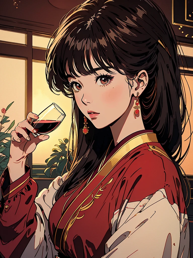 cool beauty japanese girl, luxurious and realistic aesthetic. Emphasize a color palette of red & white, and gold. Incorporate lifelike illustrations of the major fragrance notes: red wine, lily of the valley, and amber, with a touch of smoky accents to evoke the fragrance's essence. Use soft, warm lighting to bring out the richness and professional quality of the design.wide angle, full body