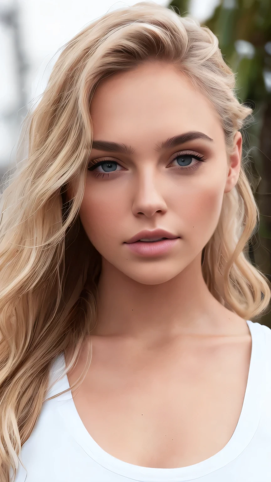 (8K, RAW Photos, 最high quality, masterpiece), 超High resolution, (Realistic, photo-Realistic), 1 Girl, emotionless, alone, Blonde long wavy hair, black eye, Professional Lighting, Detailed lighting, Backlight, Written boundary depth, Natural light, Sharp focus, Professional photography, Beautiful Eyes, Realistic eyes, Detailed Shadows, CG games, Cosplay, White tank-style crop top with arm rings, Upper Body, Super short denim hot pants, exterior, Crown, masterpiece, 最high quality, high quality, High resolution、((Face close-up))、Click here for the gaze、sexy、Face close-up、Big Tits