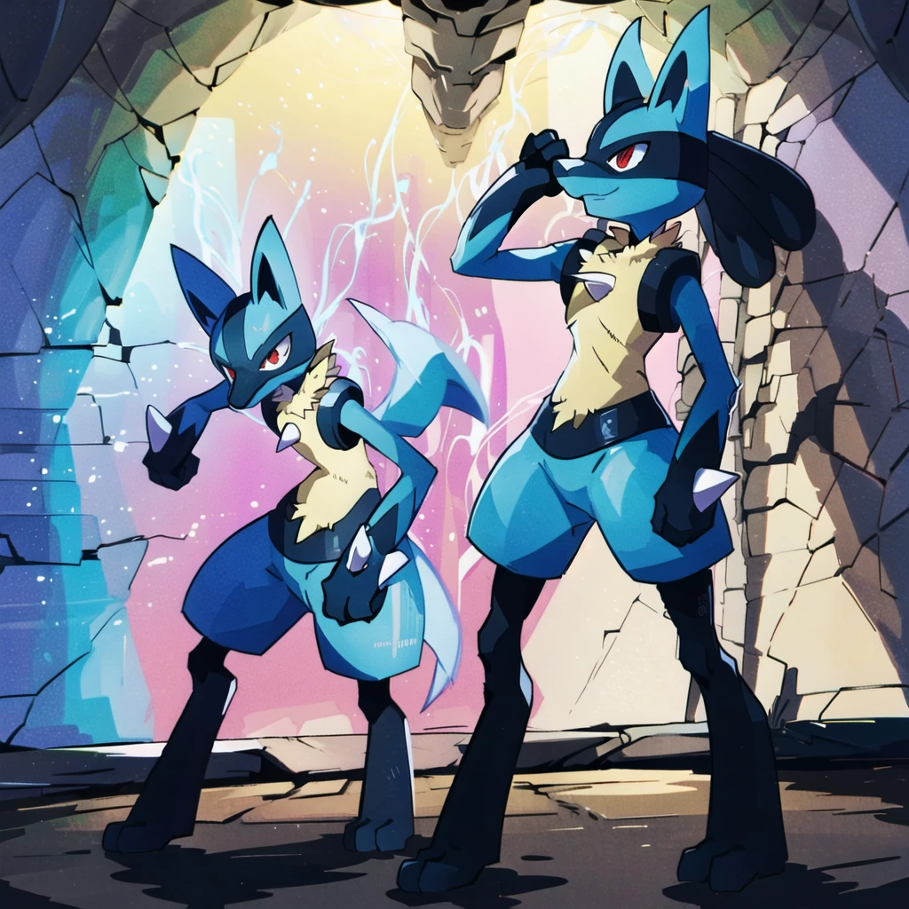 lucario standing in a yellow wood wall, detailed, red eyes, spikes, soft smile, ambient lights, teeth, wolf, medium muzzle, pokemon, blue fur