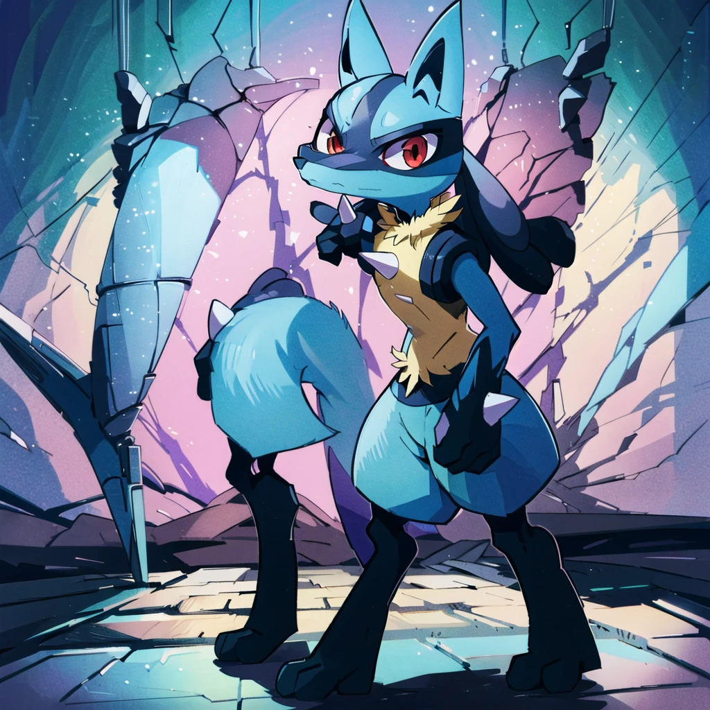 lucario standing in a yellow wood wall, detailed,  red eyes, spikes, soft smile, ambient lights, teeth, wolf, medium muzzle, pokemon, blue fur