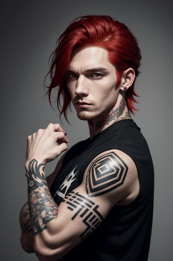White man with shoulder-length red hair, a striking black look, with ear piercing and tattoo on arm, with a more radical personality