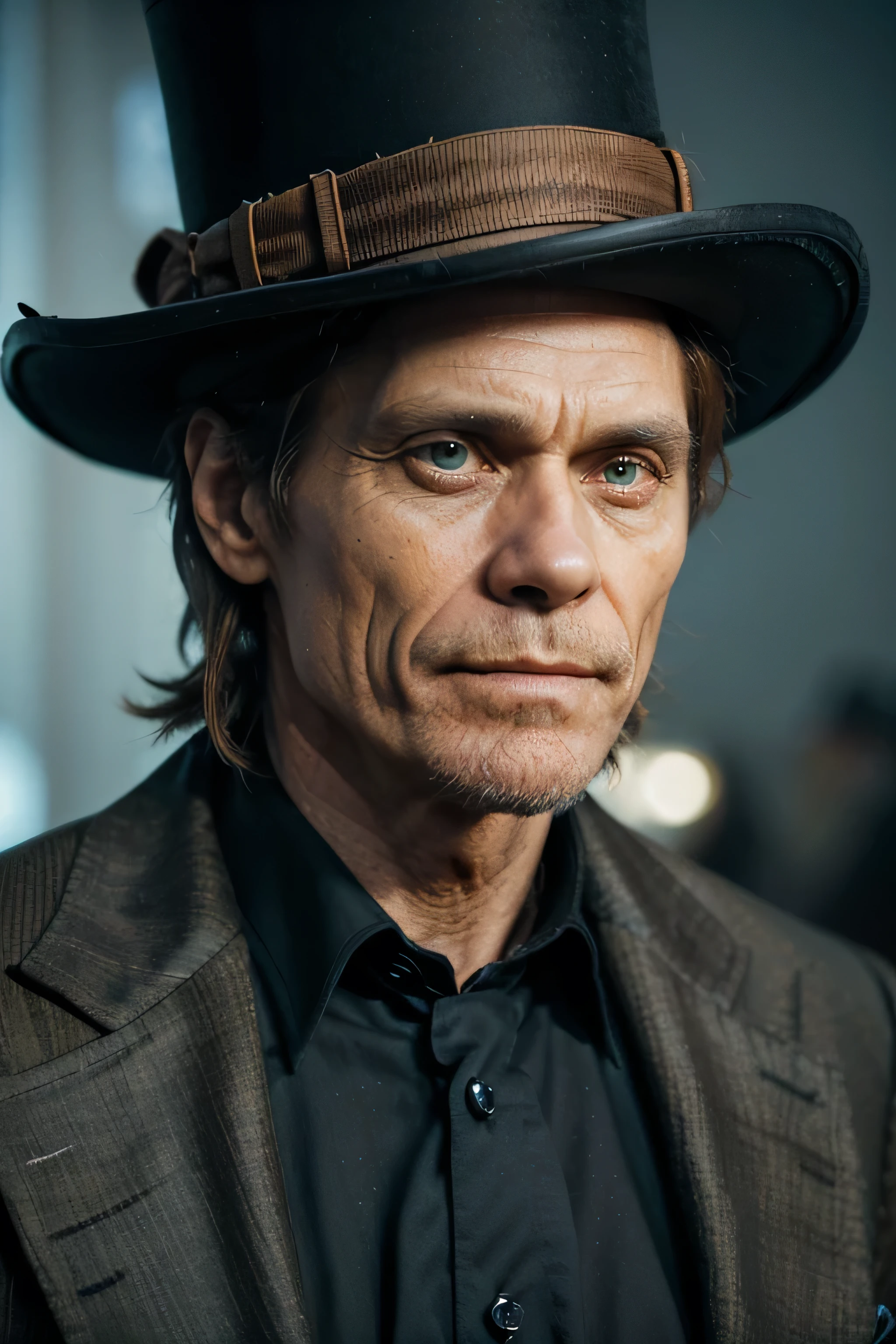 A close up of a man wearing a top hat, john picacio and brom, willem dafoe as scarecrow, best of behance, madhatter, josan gonzalez and tyler edlin, by Jack Davis,, character design, embers, bright bold colors, macro lens, dark fantasy, decopunk, cinematic, dslr, bokeh, american horror story, redneck
