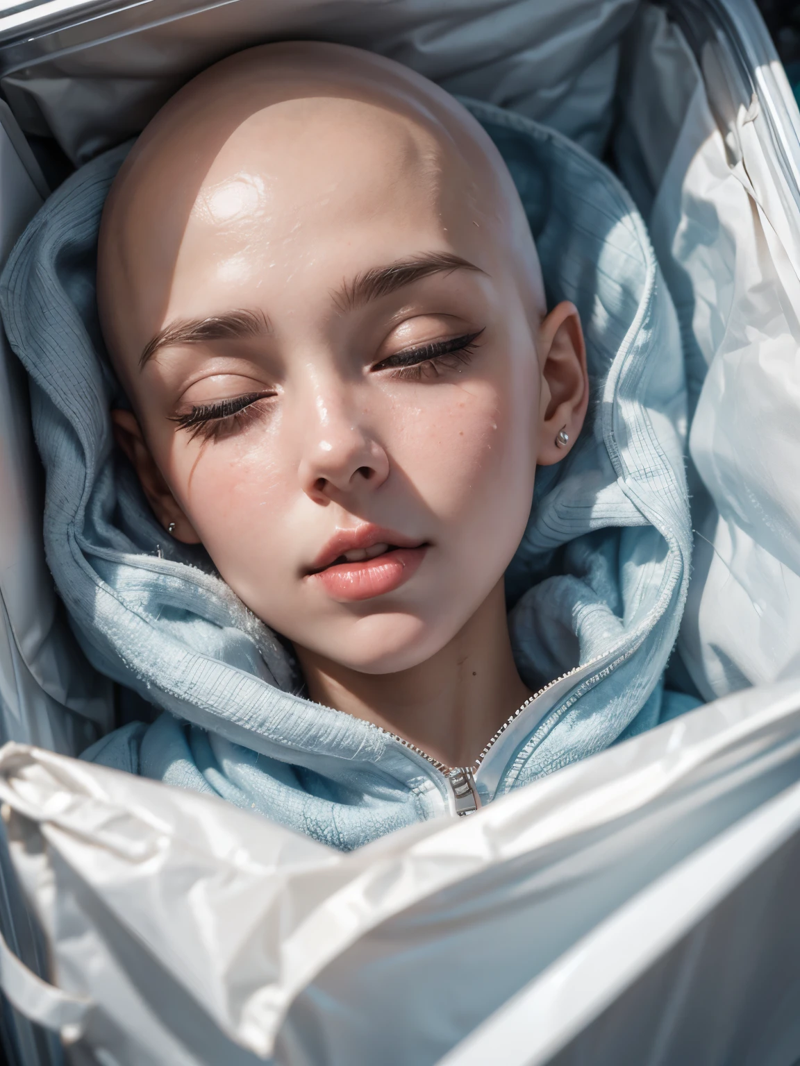 Close-up view, a woman's head in a freezer bag, 'O' shaped mouth wide open, bald, lifeless, sweet young girl, stiff, eyes tightly closed, frosty skin