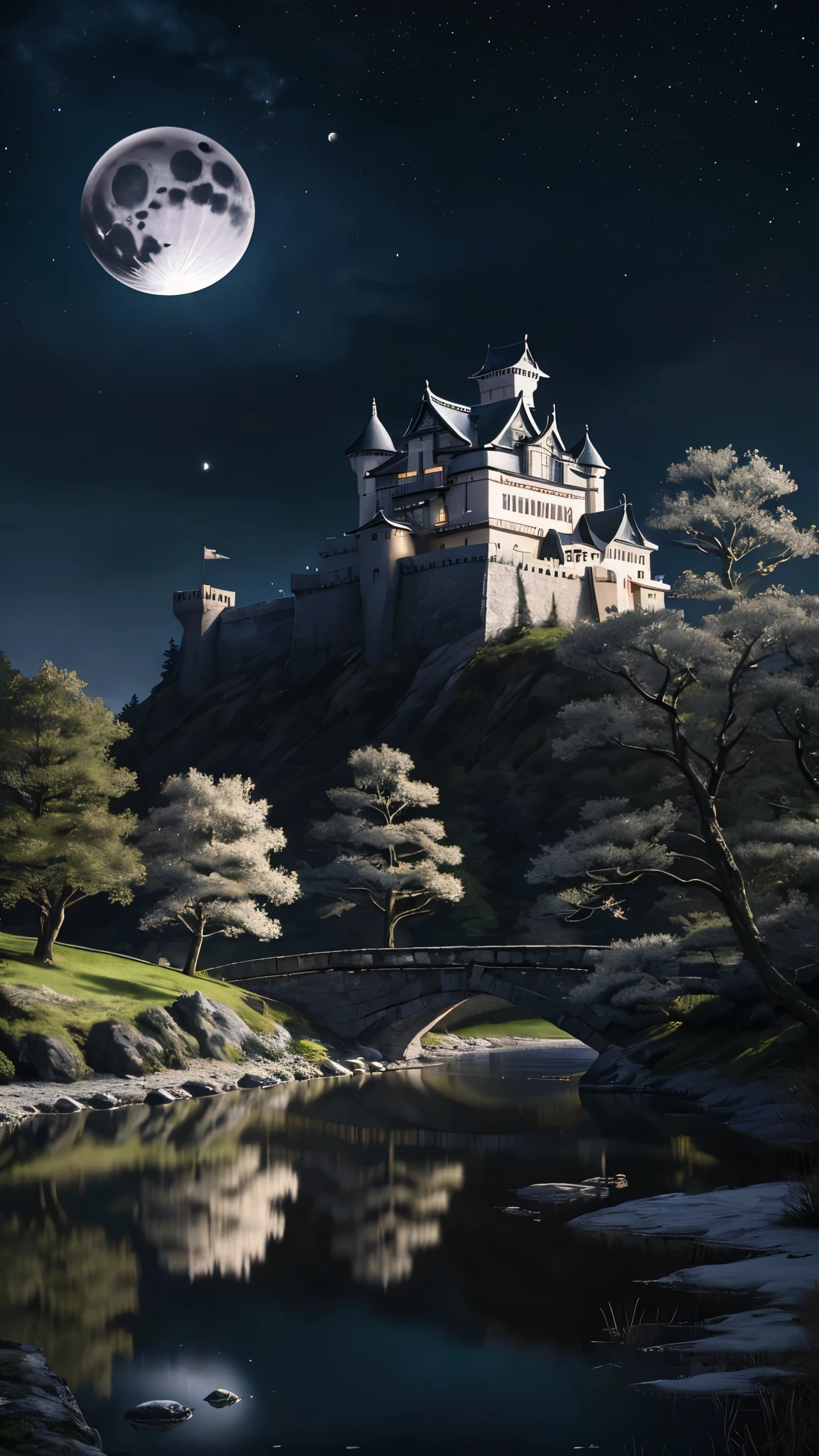 A traditional Japanese castle with multi-tiered roofs and white walls is illuminated against a dark night sky. The castle is beautifully reflected in a still body of water in front of it, creating a perfect mirror image. The crescent moon hangs in the sky to the left of the castle and is also reflected in the water. The castle is surrounded by a stone foundation, and the surrounding trees are partially visible in the background. The overall scene has a serene and mystical atmosphere, enhanced by the contrast between the illuminated castle and the dark surroundings.
