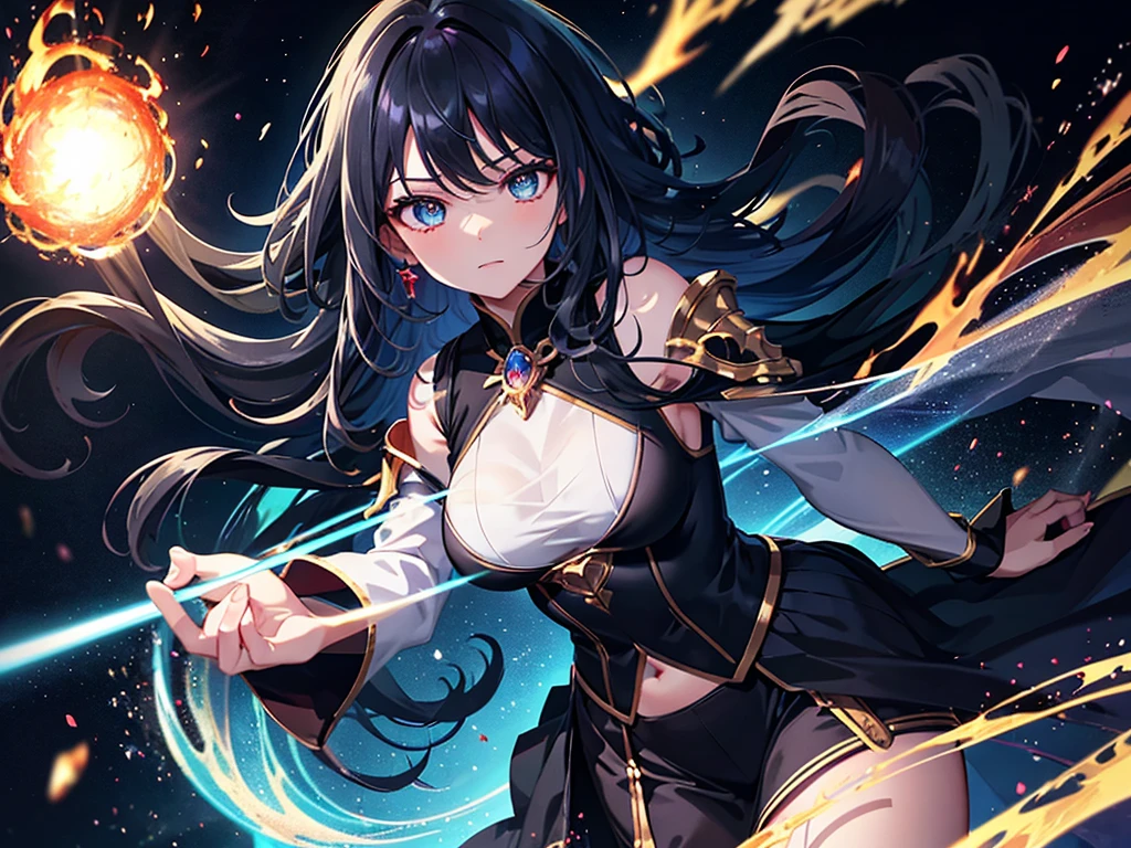 Highest quality、Highest quality、Masterpiece、girl((Age 25、as soon as、Highest Bust、Medium Bust、Wide open chest、Red glowing eyes、Black Ear、Red Mesh、Disheveled Hair、Loincloth、thin、The best valley、Open chest、Luminous Wristbands、hair ornaments、Full body view、Tank top、Black ninja costume、scar、Full body scar、Fighting Pose,Japanese sword、A little muscular、Blue aura、Glare))、high quality、Beautiful Art、background((night、Ninja World))、flight、Flying Debris、Depth of text、movie、Visual Arts、Perfect Art、8K、Genuine、