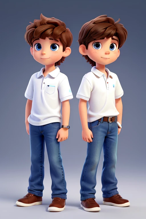 two twin boys  6 years same height with brown hair and brown eyes on a white background dark blue jeans and white polo shirt