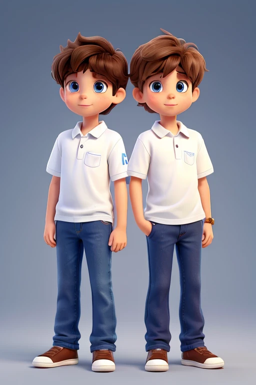 two twin boys 6 years same height with brown hair and brown eyes on a white background dark blue jeans and white polo shirt