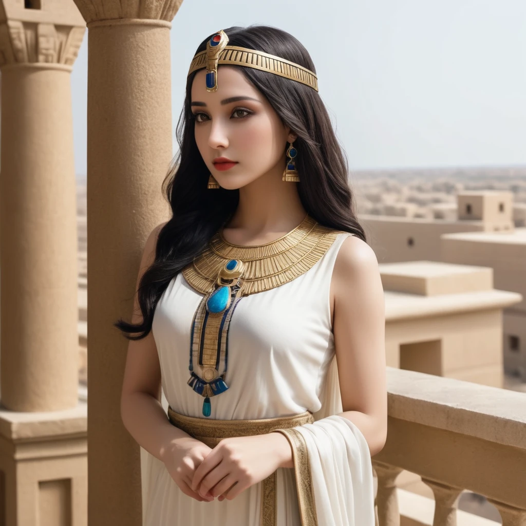 Standing on a balcony overlooking the river、Arabian woman wearing dress and headpiece, beautiful Cleopatra, Egyptian princess, Beautiful Fantasy Empress, Cleopatra in her palace, Cleopatra portrait, Ancient Princess Liv, Egyptian style, Egyptian, ((Beautiful Fantasy Empress)), Cleopatra, Beautiful Goddess, portrait of Cleopatra, android girl in Egyptian ruins, Hmm、Carol in the back