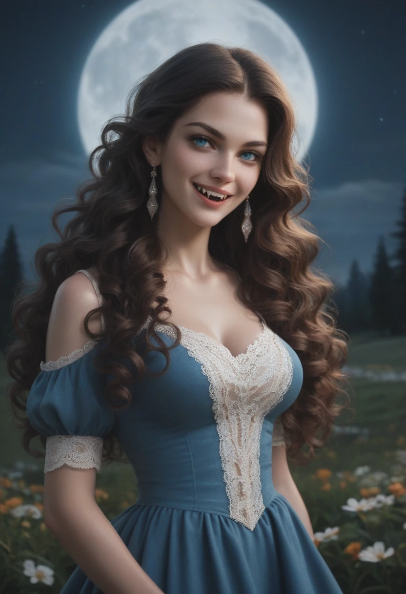 score_9, score_8_up, score_7_up, score_6_up, rating:safe, 1girl, solo, black_hair, wavy_hair, jewelry, dress, blue_eyes, earrings, (long_hair:1.5), looking_at_viewer, curly_hair, upper_body, lips, lace, blue_dress, (night:1.3), cxqz8r, medieval_dress, medieval_landscape, fullmoon, rpg, evil_smile, (fangs:1.4), narrow_waist, (skinny:1.3), (pale_skin:1.2)