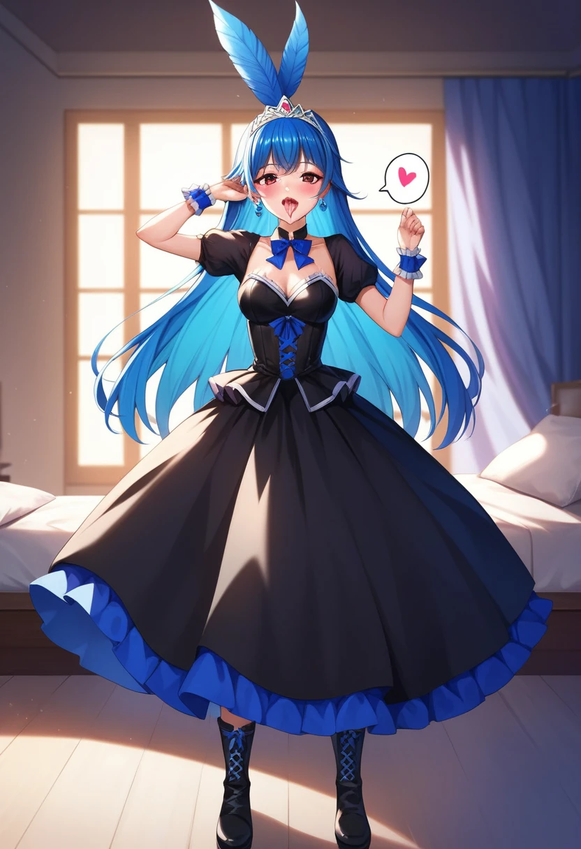 highest quality, Super detailed, masterpiece, アニメ, One Girl, alone, Cure Sky,Blue Hair,Long Hair, Feather hair ornament, skirt. tiara, Wrist cuff, (Black shorts), Black shorts under skirt, boots, (Shiny fabric), Cowboy Shot, Black Gemstones, Are standing, blush, (Beautiful fine details), Highly detailed face, Perfect lighting, Highly detailed CG, (Perfect hands, Perfect Anatomy), Shiny material, Blue ribbon, jewelry, Latex gloss,Red Eye,dark aura,Straight hair,Blackwing,Black Dress,Long skirt,His hands are tied above his head,spoken heart,heart,nsfw,fellatio,open mouth,vaginale,Sex,cum on tongue ,On the bed、Inside the room、Painful expression、tears、Cry、Scream