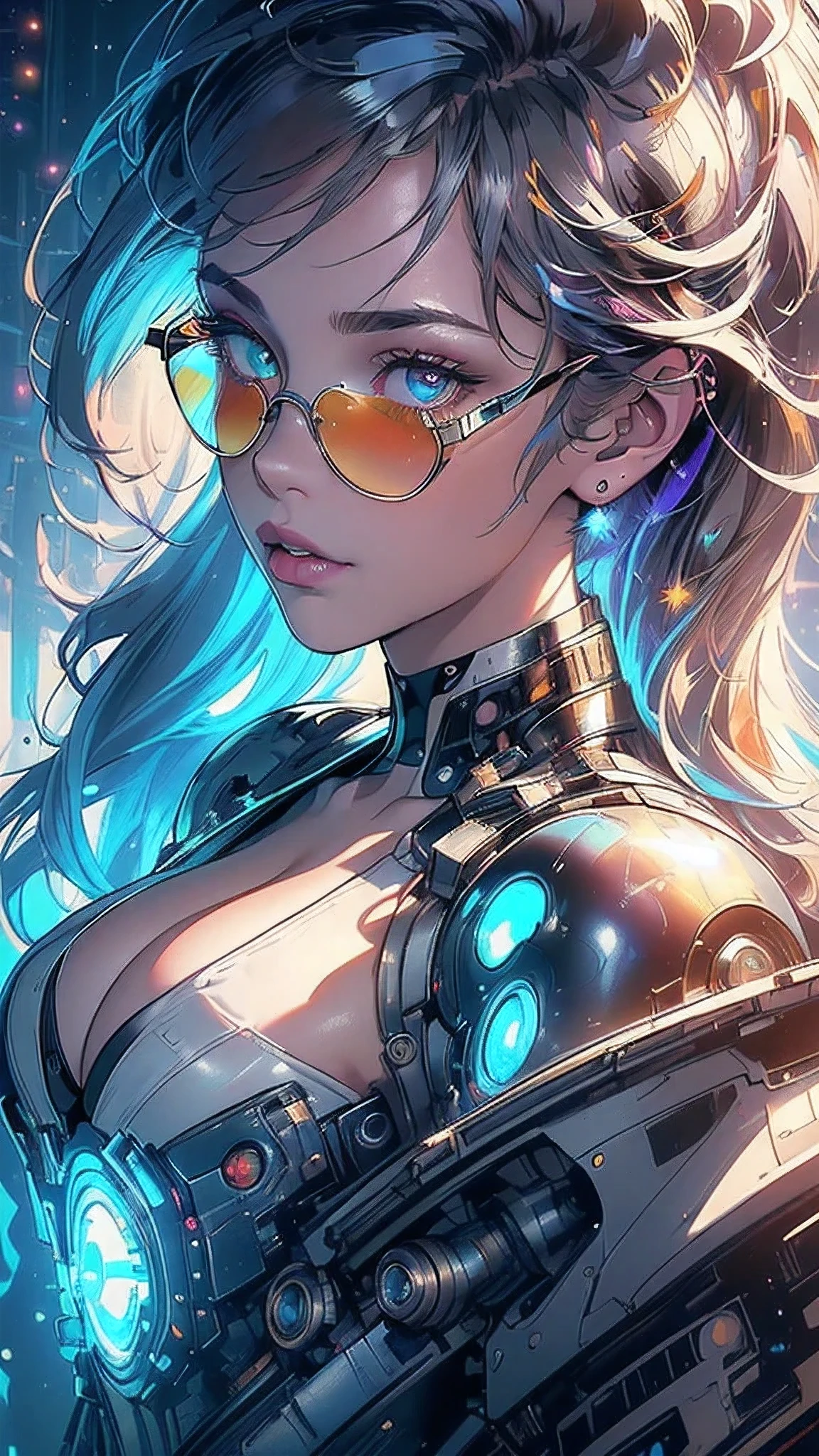 (((masterpiece, highest quality))),(((solo:1.2))),(((1girl:1.2))),32k wallpaper, very detailed,(((((portfolio))))),(((((Close-up))))),(((((bust up))))),((((more various angle)))),(((highlight))),((((heterochromia)))),(((complete. detailed face))),((((Extremely talented)))),((((Wonderfully detailed complicated machine)))),((((genius mechanic)))),((Overall colorfully)),(((futuristic galaxy))),(((perfect clear skinn))),((())),(((sunglasses))),(((reflection neon)))