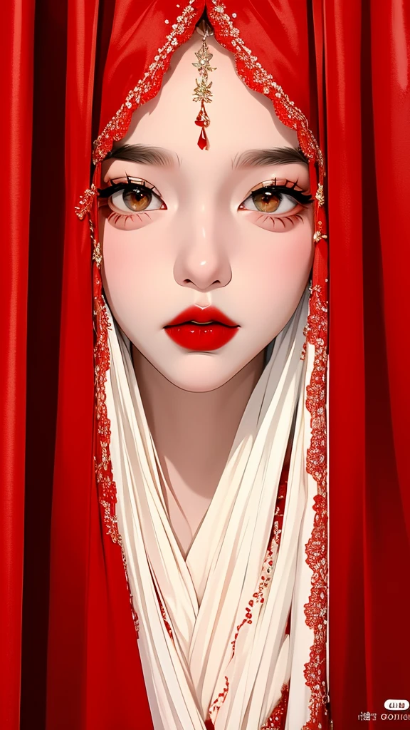 (HIJAB YOUNG GIRL), Skinny red satin hijab girl naked, RED long hoodie, (SHINY WHITE SKIN), SADNESS ,