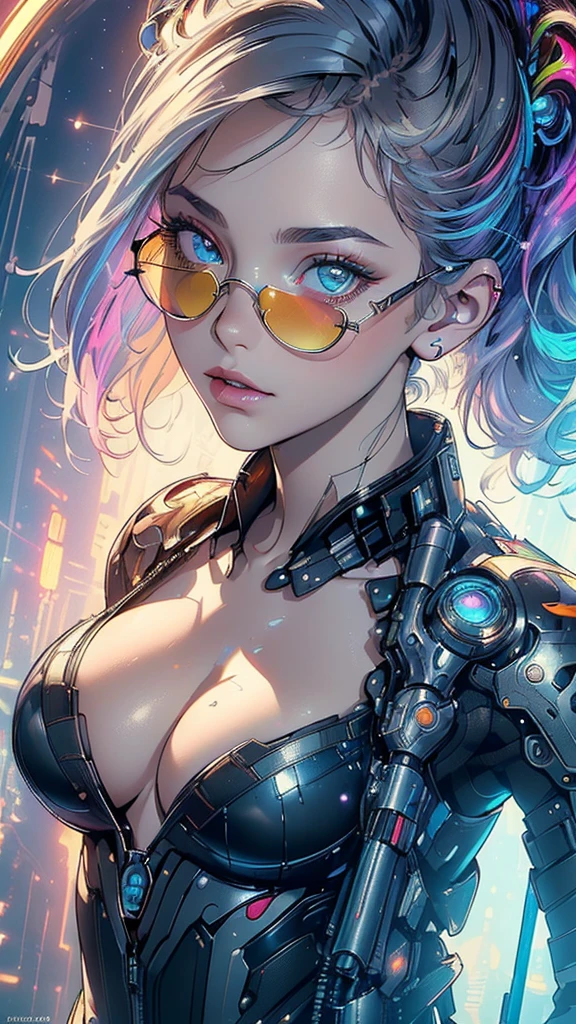 (((masterpiece, highest quality))),(((solo:1.2))),(((1girl:1.2))),32k wallpaper, very detailed,(((((portfolio))))),(((((Close-up))))),(((((bust up))))),((((more various angle)))),(((highlight))),((((heterochromia)))),(((complete. detailed face))),((((Extremely talented)))),((((Wonderfully detailed complicated machine)))),((((genius mechanic)))),((Overall colorfully)),(((futuristic galaxy))),(((perfect clear skinn))),(((Cleavage))),(((sunglasses))),(((reflection neon)))