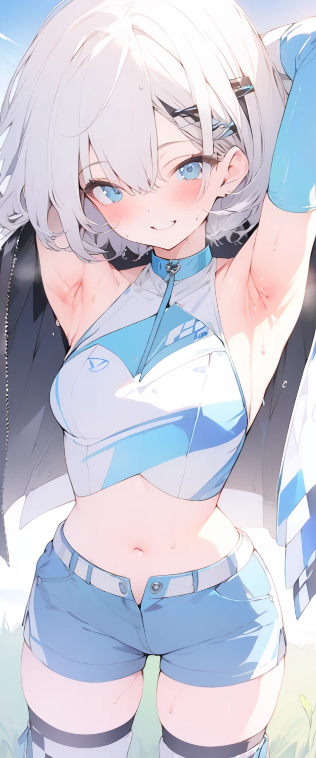 beautiful, masterpiece, Highest quality, anime, One girl, C Cup,Portrait Shot, View your viewers, Intricate details,>,((Covered、Short Hair、nearby、Blue Eyes、art、、White hair,Blue streaked hair、wallpaper、、hairpin、smile、Race Queen、Thigh、Knee-high boots、blue sky、smile、Bright atmosphere、Shorts、grass、Armpit、Thigh_Sweat、navel、ArmpitSweat