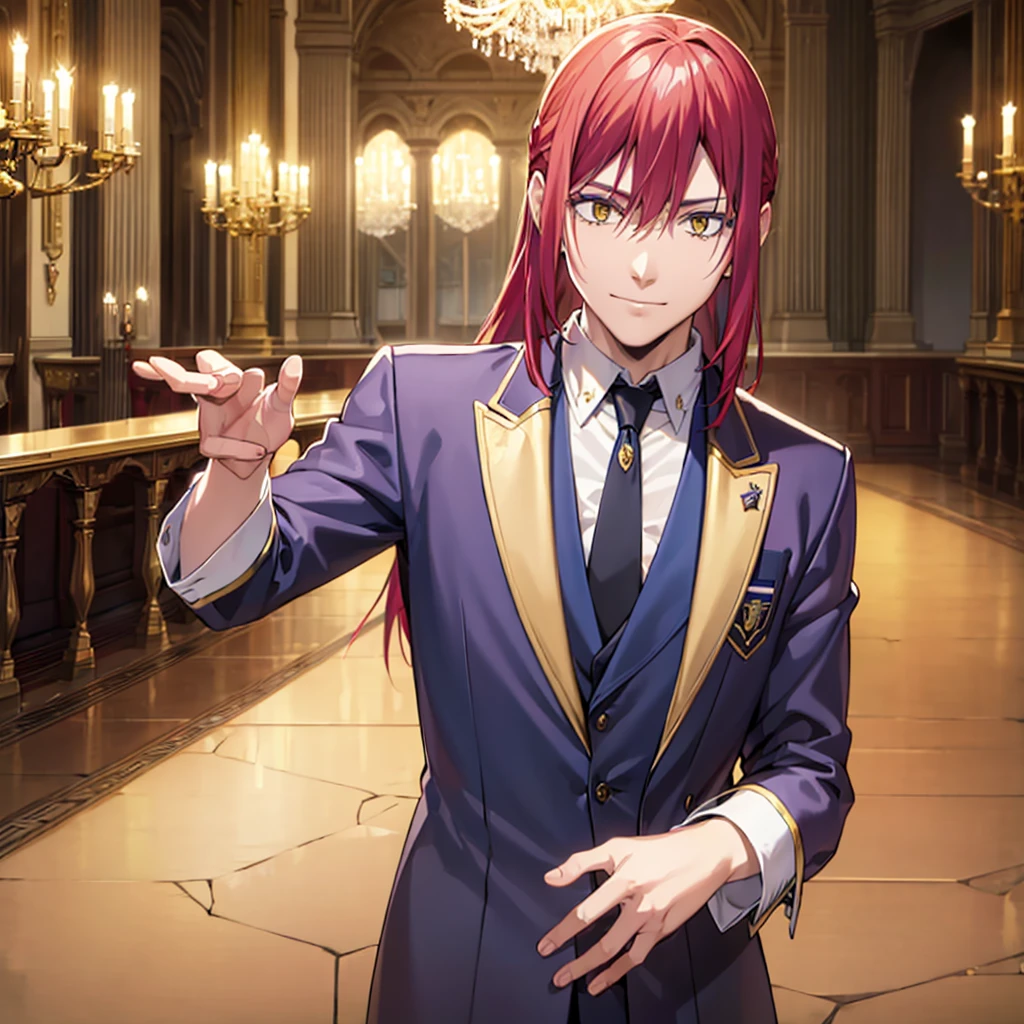 POV close up, grown young man, upper body, Rimuru Tempest, (best quality,4k,8k,highres,masterpiece:1.2),ultra-detailed,(realistic,photorealistic,photo-realistic:1.37),vivid colors, impressive lighting, royal , exquisite decorations, antique chandeliers, stunning, sparkling champagne glasses, settings, sparkling blurry background, romantic atmosphere, wearing suit, red suit, long blue hair, golden eyes, gentleman,not smiling, hands on his pockets