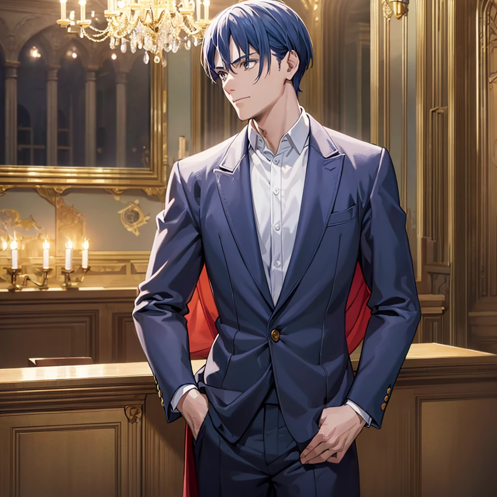 POV close up, grown young man, upper body, Rimuru Tempest, (best quality,4k,8k,highres,masterpiece:1.2),ultra-detailed,(realistic,photorealistic,photo-realistic:1.37),vivid colors, impressive lighting, royal , exquisite decorations, antique chandeliers, stunning, sparkling champagne glasses, settings, sparkling blurry background, romantic atmosphere, wearing suit, red suit, long blue hair, golden eyes, gentleman,not smiling, hands on his pockets