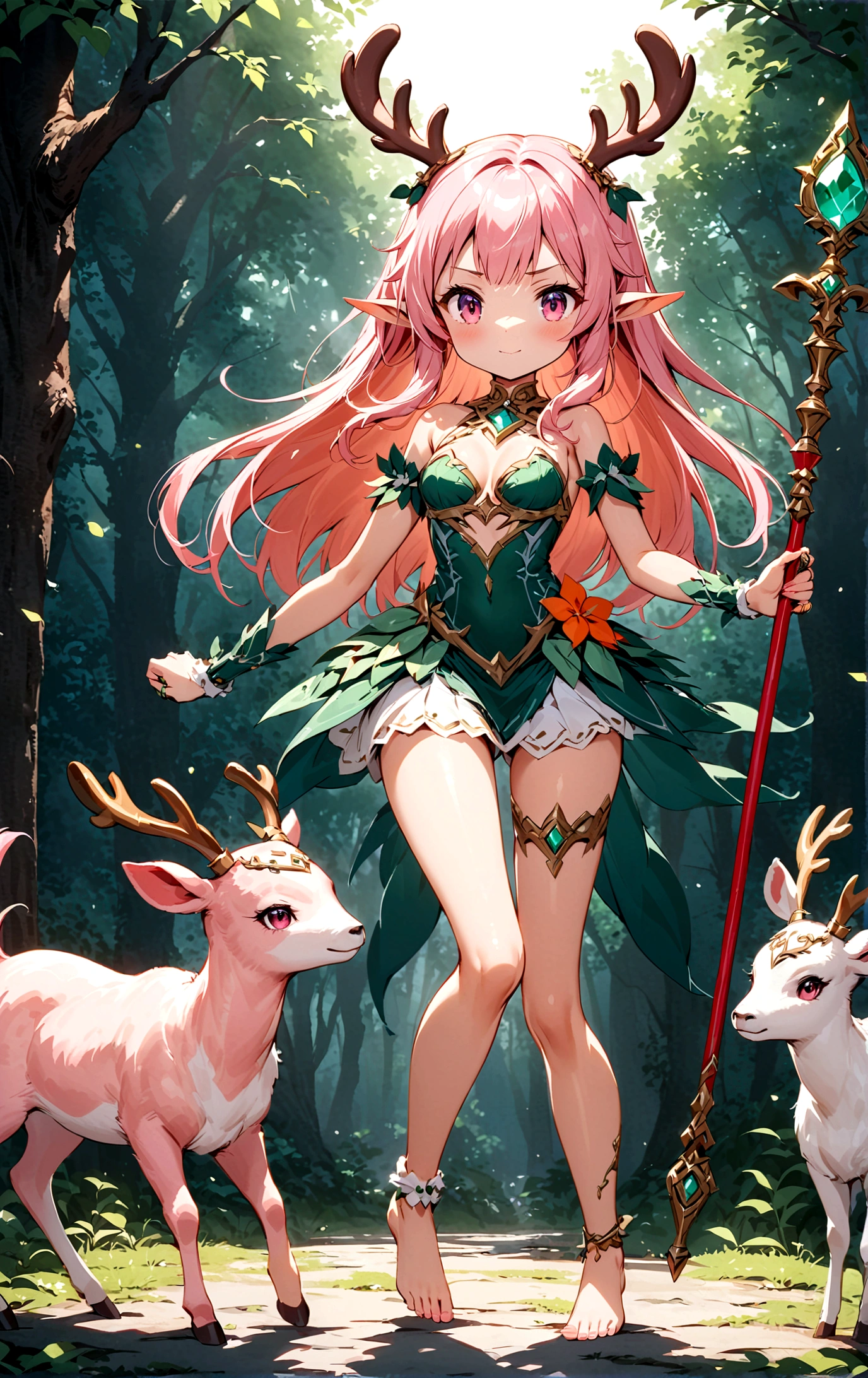 game character,Cartoon anime style,beautiful girl,Cute expression,Fluffy pink hair,Pink Eyes,Cute pink deer antlers,Elf ears,Orange tulle short skirt,Metal gem-encrusted scepter glows,Slender legs,Standing barefoot,Foot ring。(((Correct human anatomy))),In the magic forest,A cute white deer